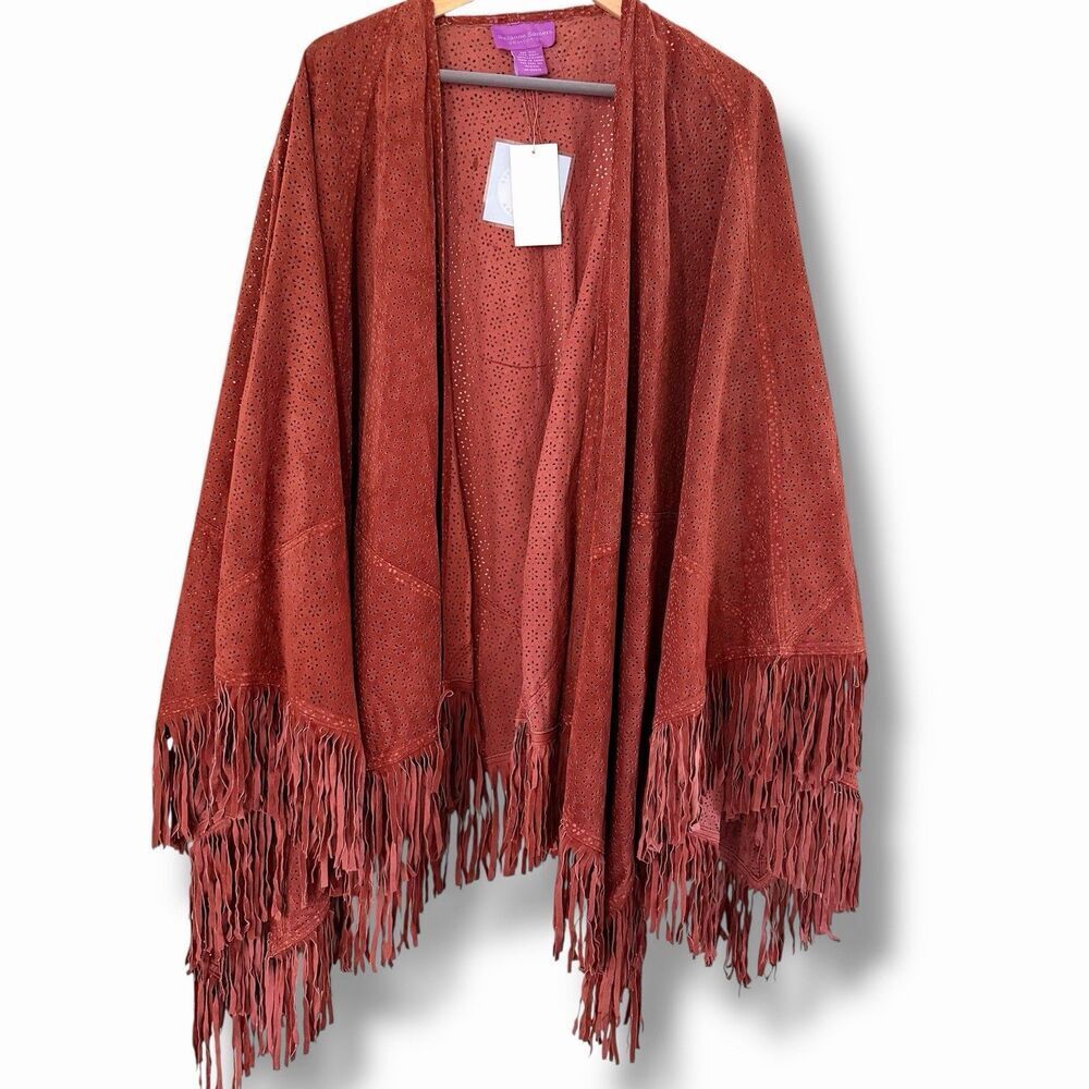 NWT SUZANNE SOMERS PERFORATED LEATHER  BOHEMIAN FRINGE Western  PONCHO O/S